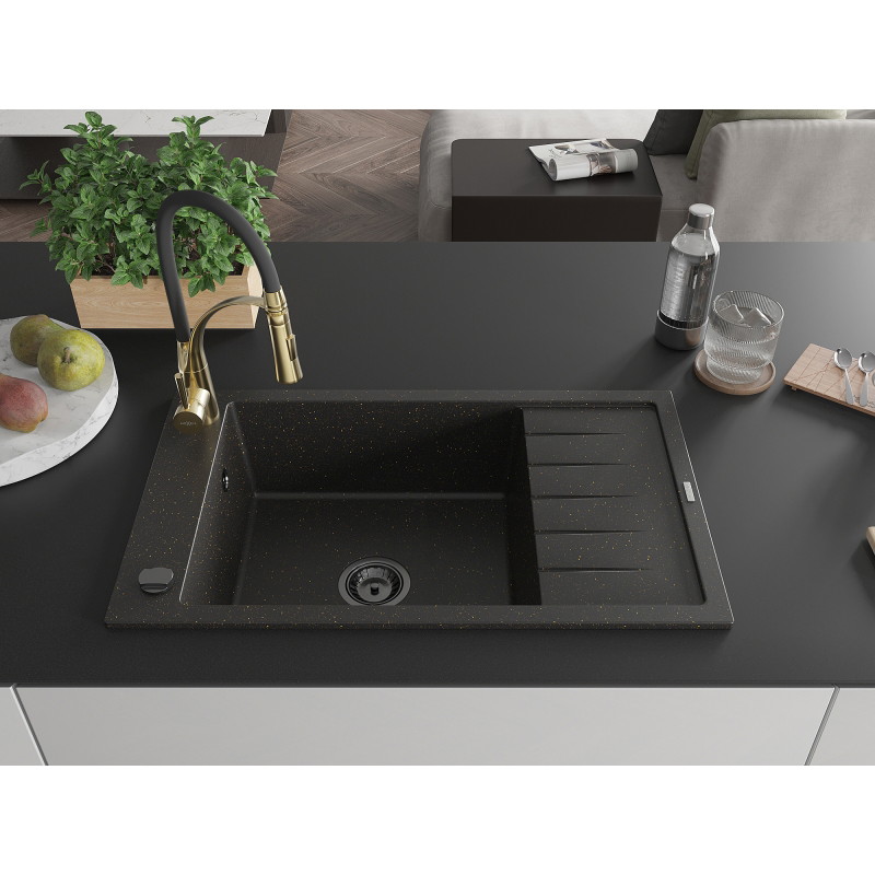 Mexen Elias Granitspüle 1-beckig mit Abtropf und Küchenarmatur Aster, schwarz/goldener Metallic - 6511-75-73450-57-B