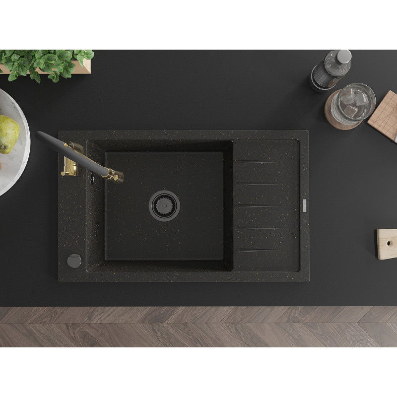 Mexen Elias granieten spoelbak 1-komors met afdruiprek en keukenmengkraan Aster, zwart/gouden metallic - 6511-75-73450-57-B