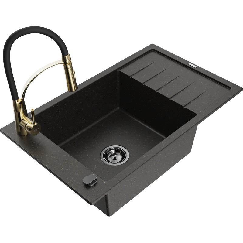 Mexen Elias fregadero de granito de 1 cámara con escurridor y grifo de cocina Aster, negro/dorado metálico - 6511-75-73450-57-B