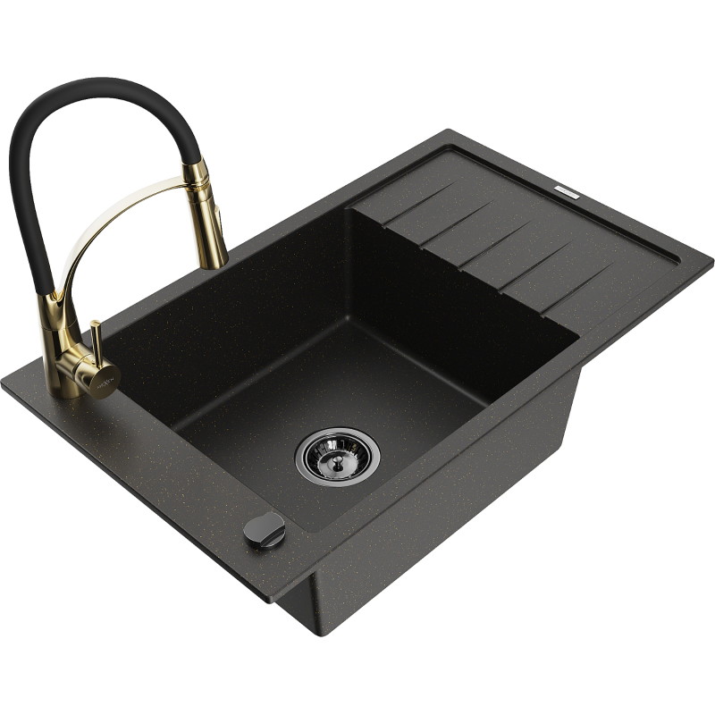Mexen Elias granieten gootsteen 1-kamer met afdruiprek en keukenmengkraan Aster, zwart/goud metallic - 6511-75-73450-57-B