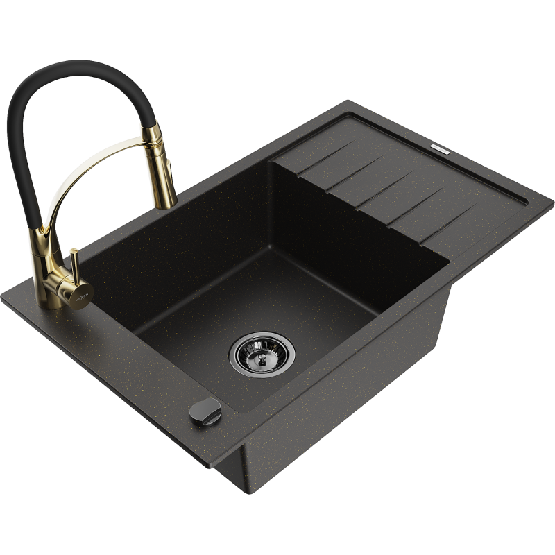 Mexen Elias Granitspüle 1-becken mit Abtropffläche und Küchenarmatur Aster, schwarz/gold metallic - 6511-75-73450-57-B