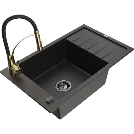 Mexen Elias fregadero de granito de 1 cubeta con escurridor y grifo de cocina Aster, negro/oro metálico - 6511-75-73450-57-B