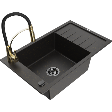 Mexen Elias Granitspüle 1-Kammer mit Abtropffläche und Küchenarmatur Aster, schwarz/gold metallic - 6511-75-73450-57-B