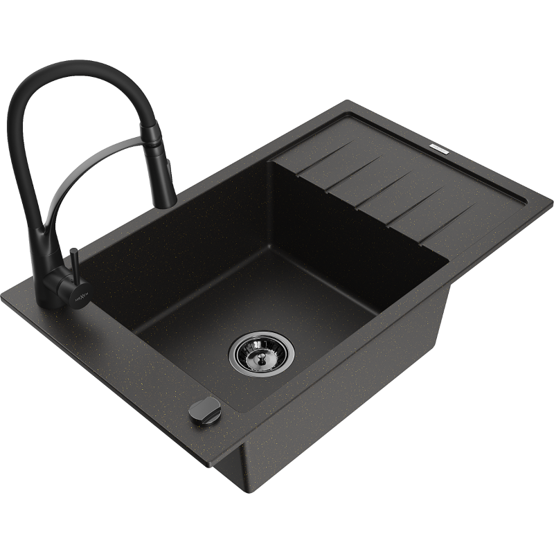 Mexen Elias fregadero de granito de 1 seno con escurridor y grifo de cocina Aster, negro/oro metálico - 6511-75-73450-70-B