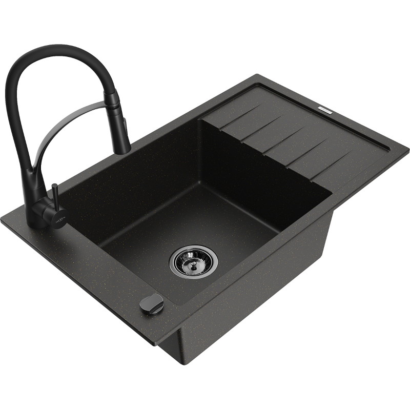 Mexen Elias granit gootsteen 1-kommer met afdruiprek en keukenmengkraan Aster, zwart/goud metallic - 6511-75-73450-70-B