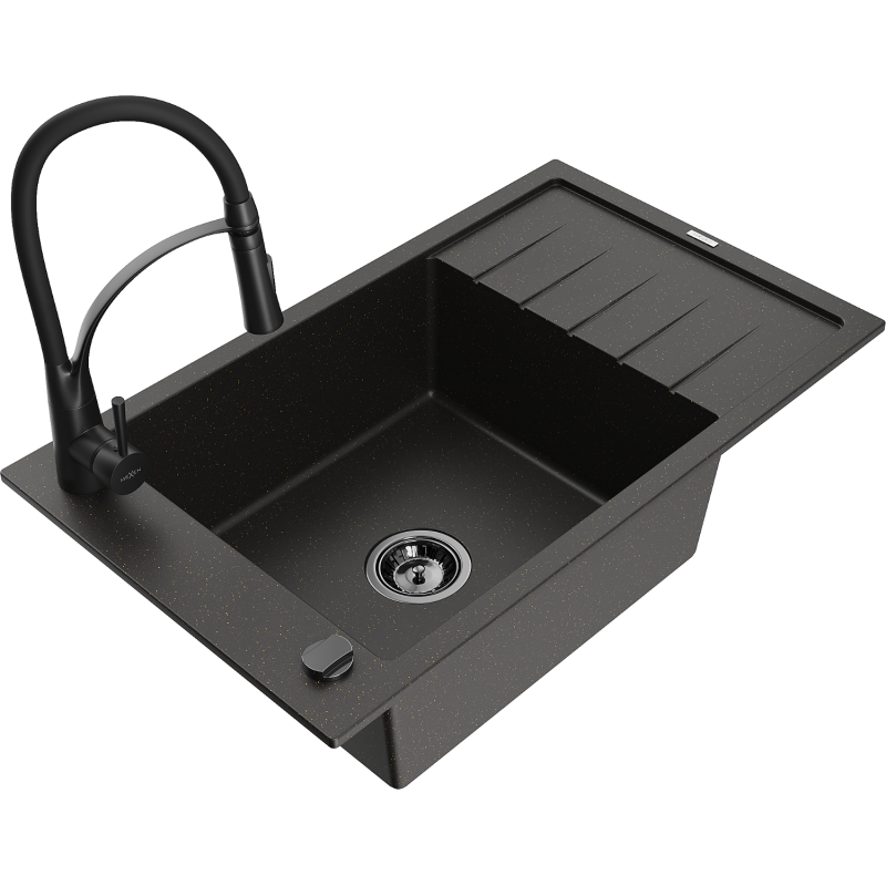 Mexen Elias lavello in granito a 1 vasca con scolapiatti e rubinetto da cucina Aster, nero/metallo dorato - 6511-75-73450-70-B