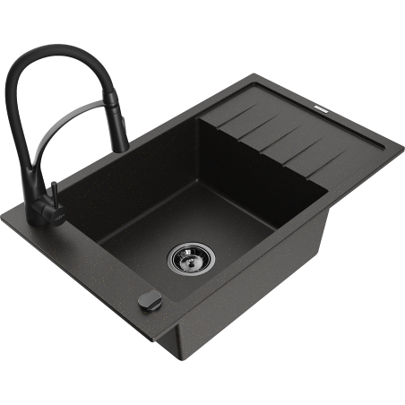 Mexen Elias fregadero de granito de 1 seno con escurridor y grifo de cocina Aster, negro/oro metálico - 6511-75-73450-70-B