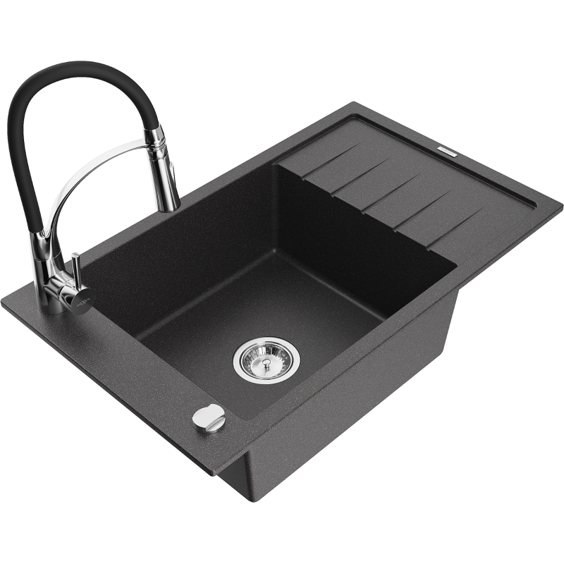 Mexen Elias fregadero de granito de 1 seno con escurridor y grifo de cocina Aster, negro moteado - 6511-76-73450-07