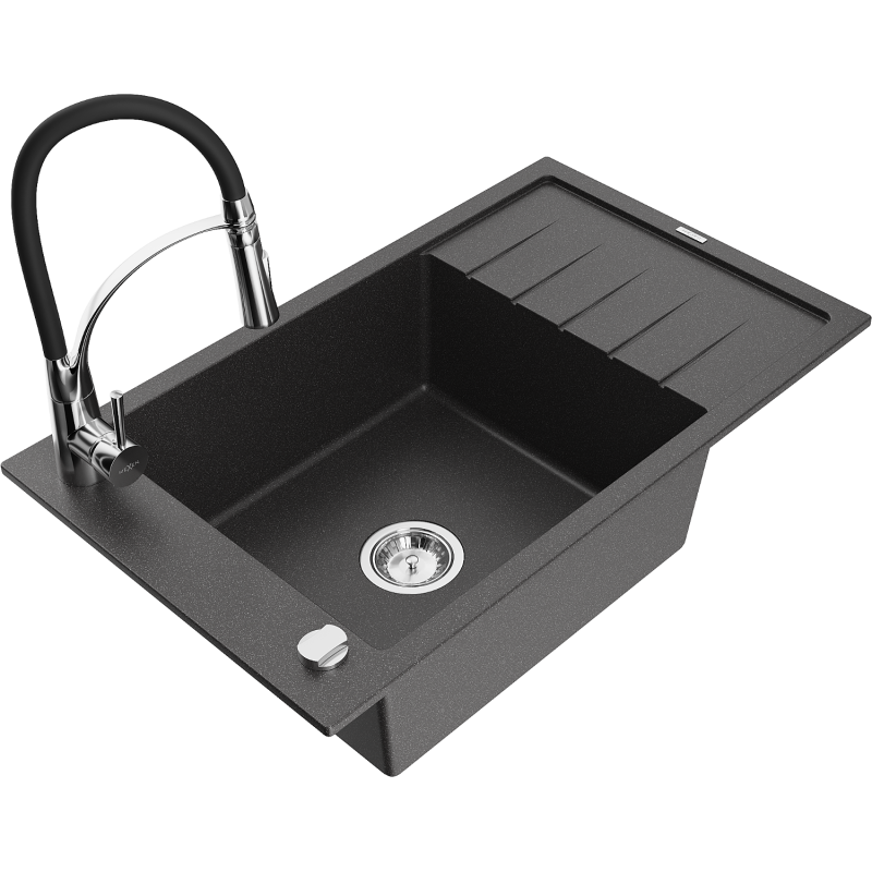 Mexen Elias Granitspüle 1-Becken mit Abtropffläche und Küchenarmatur Aster, schwarz gesprenkelt - 6511-76-73450-07