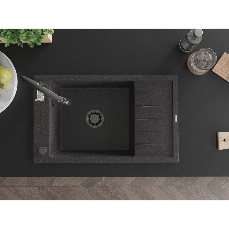 Mexen Elias 1-bowl granite kitchen sink with drainer and Aster kitchen tap, black speckled - 6511-76-73450-07-B