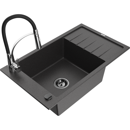 Mexen Elias 1-bowl granite kitchen sink with drainer and Aster kitchen tap, black speckled - 6511-76-73450-07-B