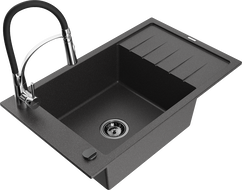 Mexen Elias 1-bowl granite kitchen sink with drainer and Aster kitchen tap, black speckled - 6511-76-73450-07-B