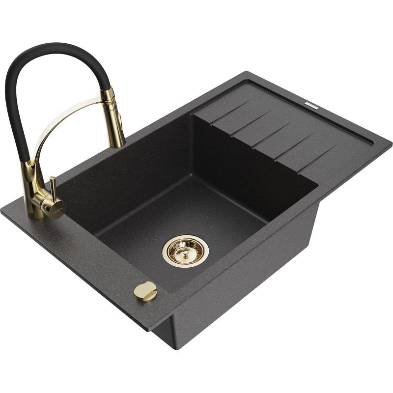Mexen Elias 1-bowl granite sink with drainer and Aster kitchen tap, black speckled - 6511-76-73450-57-G