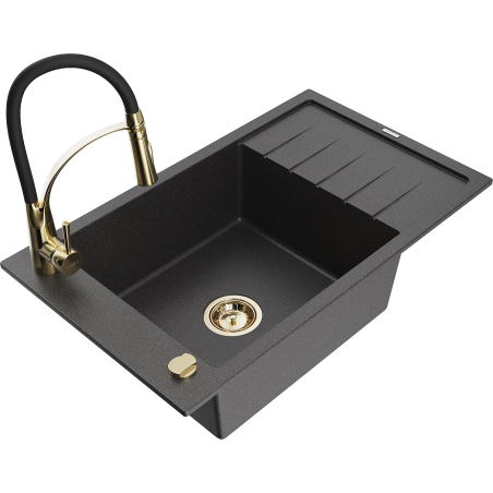 Mexen Elias fregadero de granito de 1 seno con escurridor y grifo de cocina Aster, negro moteado - 6511-76-73450-57-G