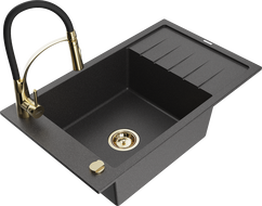 Mexen Elias 1-bowl granite sink with drainer and Aster kitchen tap, black speckled - 6511-76-73450-57-G