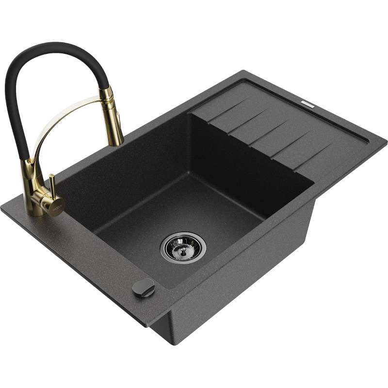 Mexen Elias 1-bowl granite sink with drainer and Aster kitchen tap, speckled black - 6511-76-73450-57-B
