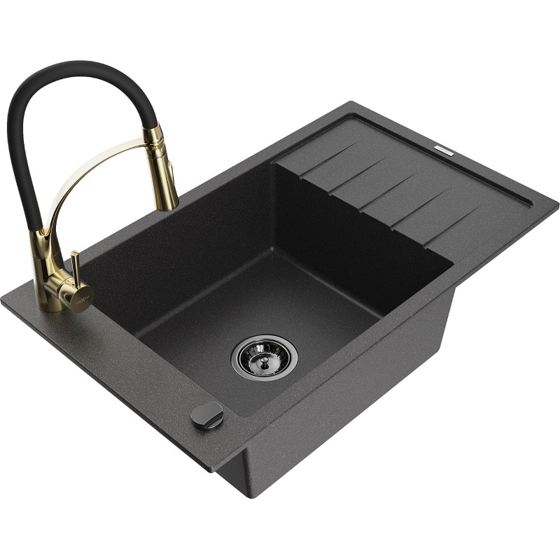 Mexen Elias fregadero de granito de 1 seno con escurridor y grifo de cocina Aster, negro moteado - 6511-76-73450-57-B