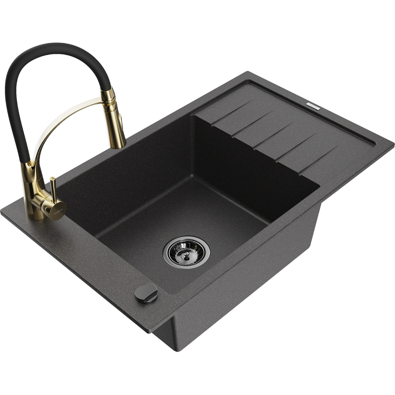 Mexen Elias lava-louça de granito 1-comprimento com escorredor e torneira de cozinha Aster, preto salpicado