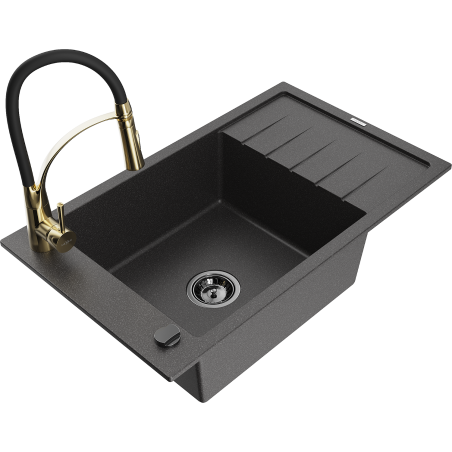 Mexen Elias 1-bowl granite sink with drainer and Aster kitchen tap, speckled black - 6511-76-73450-57-B