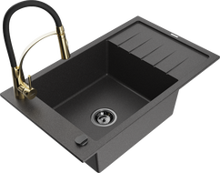Mexen Elias granite kitchen sink 1-bowl with drainer and Aster faucet, speckled black - 6511-76-73450-57-B