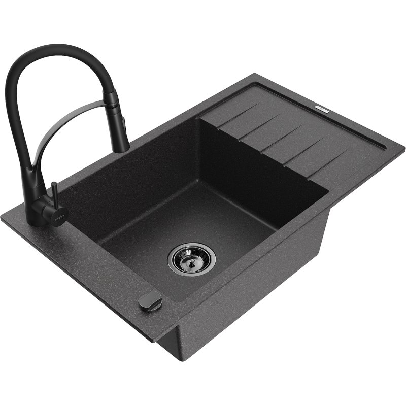 Mexen Elias fregadero de granito de 1 cubeta con escurridor y grifo de cocina Aster, negro moteado - 6511-76-73450-70-B