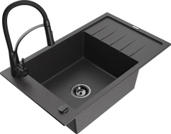 Mexen Elias granite kitchen sink 1-bowl with drainer and Aster kitchen faucet, speckled black - 6511-76-73450-70-B