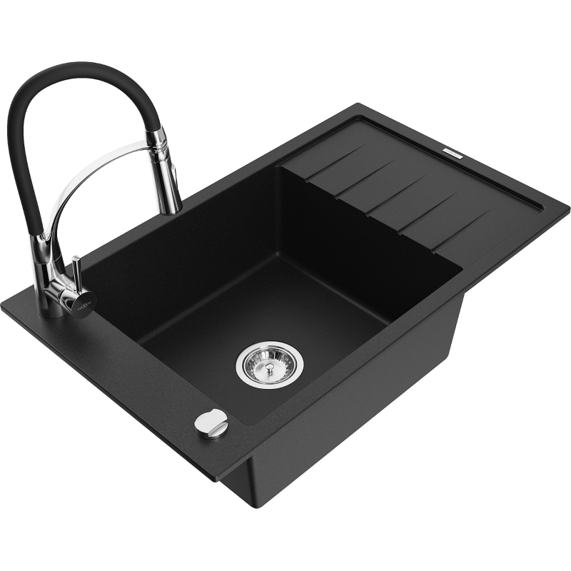 Mexen Elias Granitspüle 1-Becken mit Abtropffläche und Küchenarmatur Aster, schwarz - 6511-77-73450-07