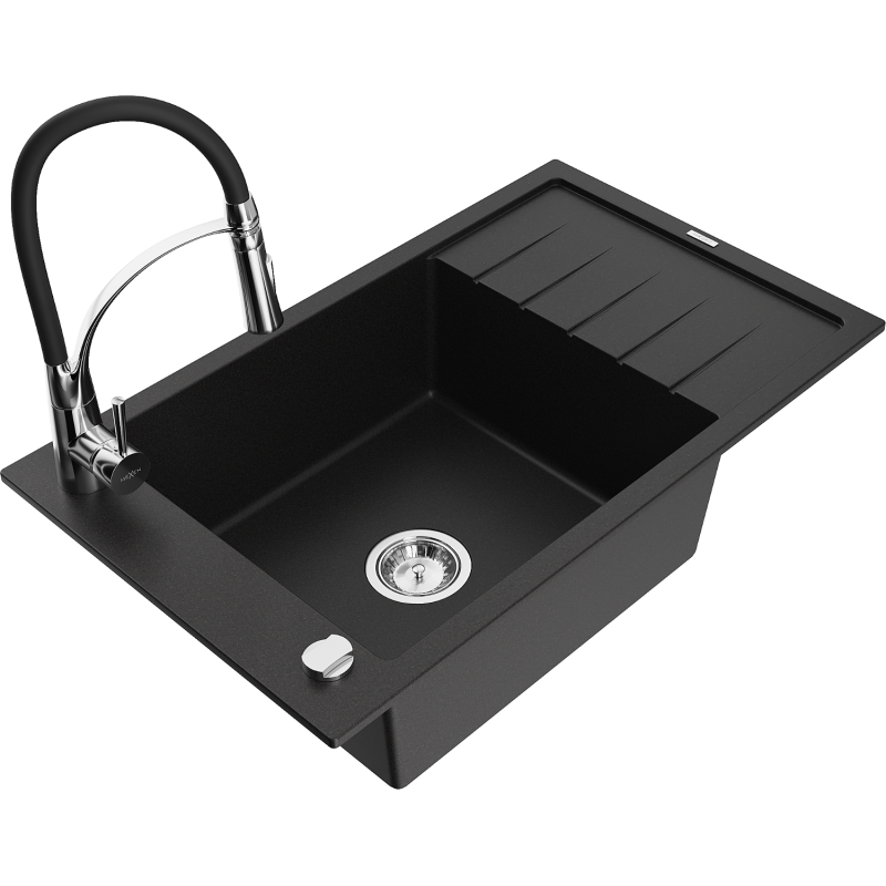 Mexen Elias lava-loiça de granito de 1 cuba com escorredor e torneira de cozinha Aster, preto - 6511-77-73450-07