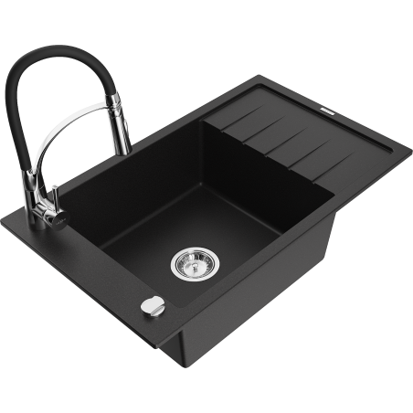 Mexen Elias fregadero de granito 1-cubeta con escurridor y grifo de cocina Aster, negro - 6511-77-73450-07