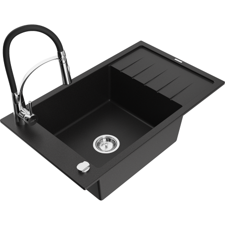 Mexen Elias lava-loiça de granito de 1 cuba com escorredor e torneira de cozinha Aster, preto - 6511-77-73450-07