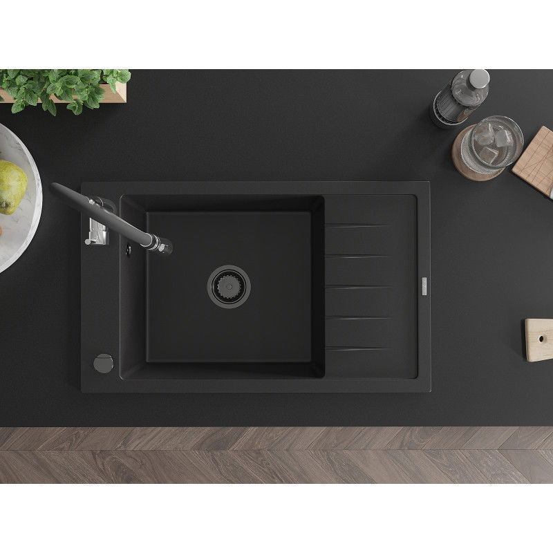 Mexen Elias granitno pomivalno korito z 1 komoro, z odcejalnikom in kuhinjsko armaturo Aster, črno - 6511-77-73450-07-B