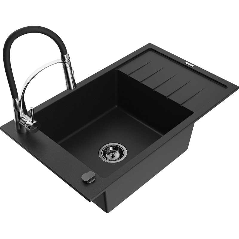 Mexen Elias fregadero de granito de 1 compartimento con escurridor y grifo de cocina Aster, negro - 6511-77-73450-07-B