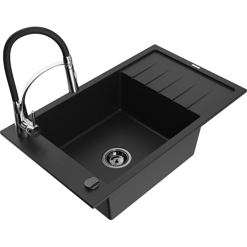 Mexen Elias fregadero de granito de 1 seno con escurridor y grifo de cocina Aster, negro - 6511-77-73450-07-B