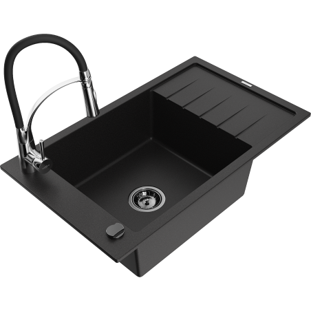 Mexen Elias Granitspüle 1-Becken mit Abtropffläche und Küchenarmatur Aster, schwarz - 6511-77-73450-07-B