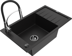 Mexen Elias évier de cuisine en granit 1 bac avec égouttoir et robinet de cuisine Aster, noir - 6511-77-73450-07-B