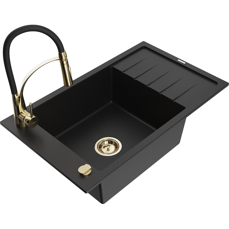 Mexen Elias lava-loiça de granito de 1 cuba com escorredor e torneira de cozinha Aster, preto - 6511-77-73450-57-G