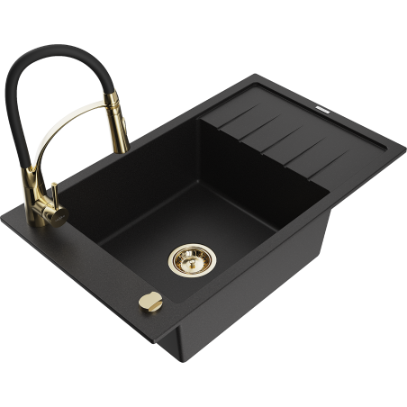 Mexen Elias fregadero de granito de 1 cubeta con escurridor y grifo de cocina Aster, negro - 6511-77-73450-57-G