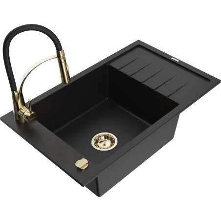 Mexen Elias granite kitchen sink 1-bowl with drainer and Aster kitchen tap, black - 6511-77-73450-57-G