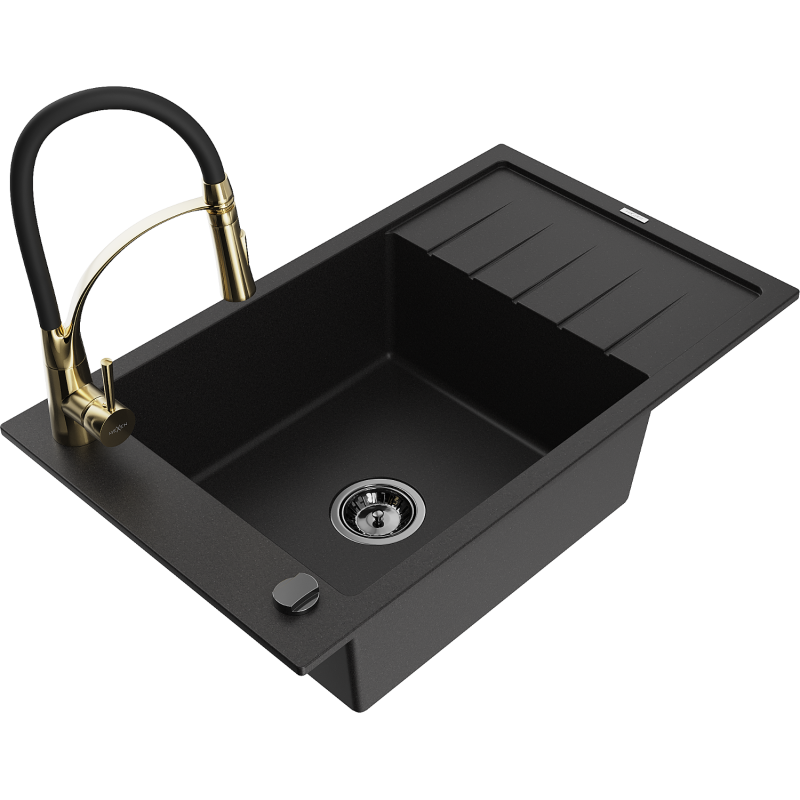 Mexen Elias fregadero de granito de 1 cubeta con escurridor y grifo de cocina Aster, negro - 6511-77-73450-57-B