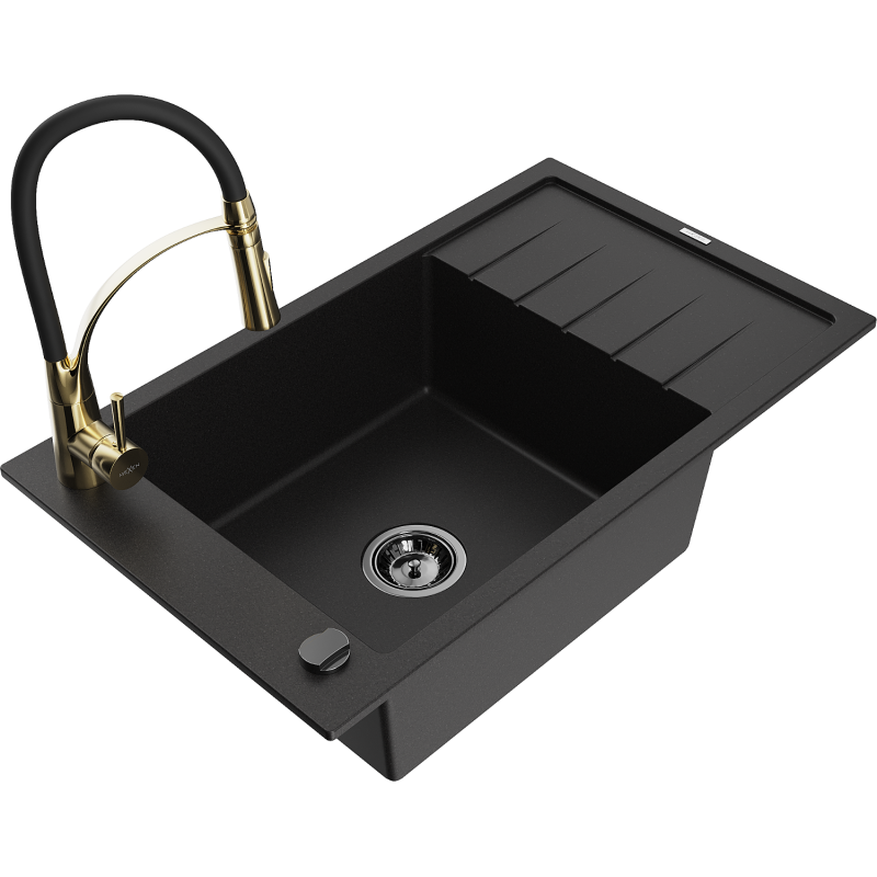 Mexen Elias granite sink 1-bowl with drainer and Aster kitchen tap, black - 6511-77-73450-57-B