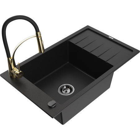 Mexen Elias fregadero de granito de 1 cubeta con escurridor y grifo de cocina Aster, negro - 6511-77-73450-57-B