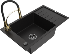Mexen Elias fregadero de granito de 1 cubeta con escurridor y grifo de cocina Aster, negro - 6511-77-73450-57-B