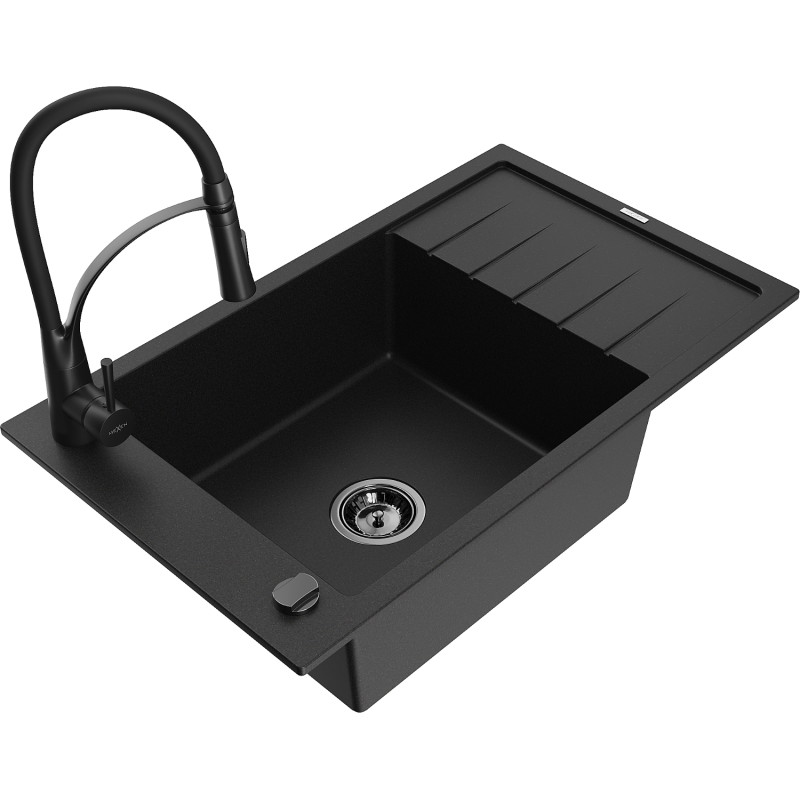 Mexen Elias fregadero de granito de 1 cuenca con escurridor y grifo de cocina Aster, negro - 6511-77-73450-70-B
