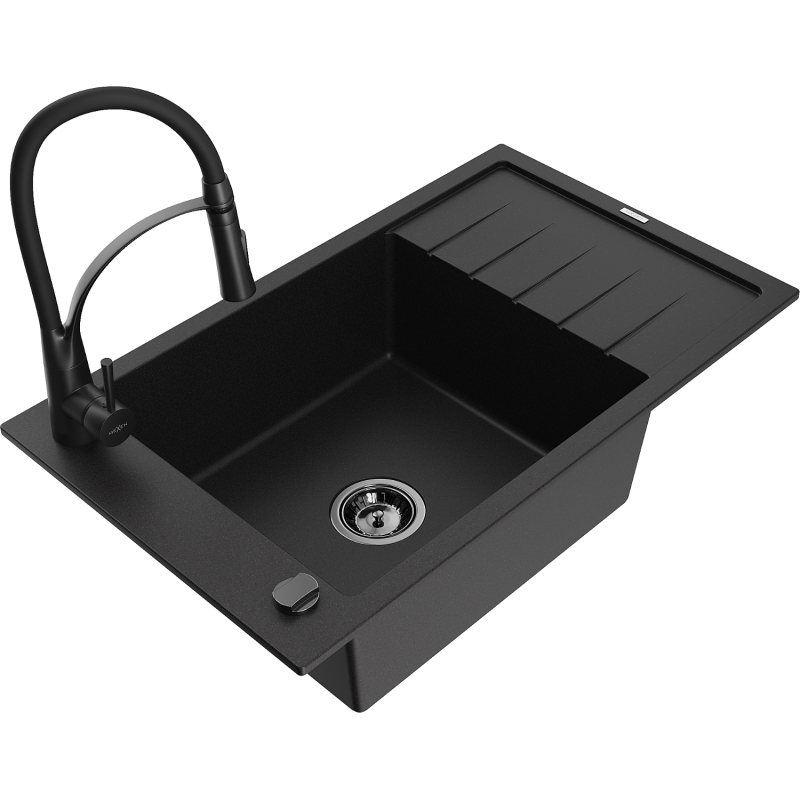Mexen Elias fregadero de granito de 1 seno con escurridor y grifo de cocina Aster, negro - 6511-77-73450-70-B