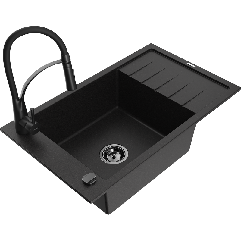Mexen Elias single-bowl granite sink with drainer and Aster kitchen tap, black - 6511-77-73450-70-B
