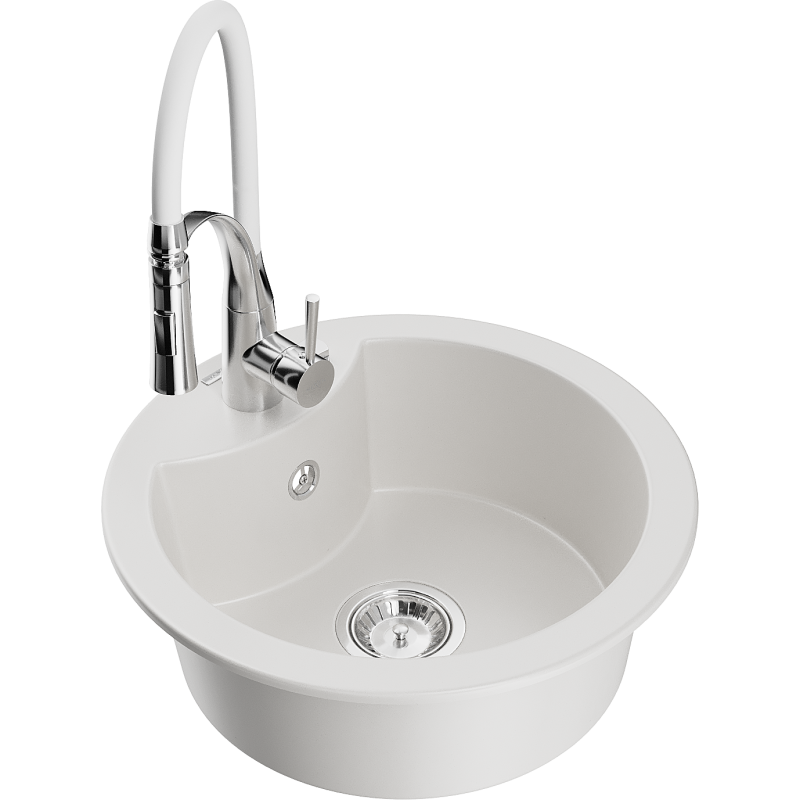 Mexen Diego 1-bowl granite sink with Aster kitchen tap, white - 6512-20-73450-02
