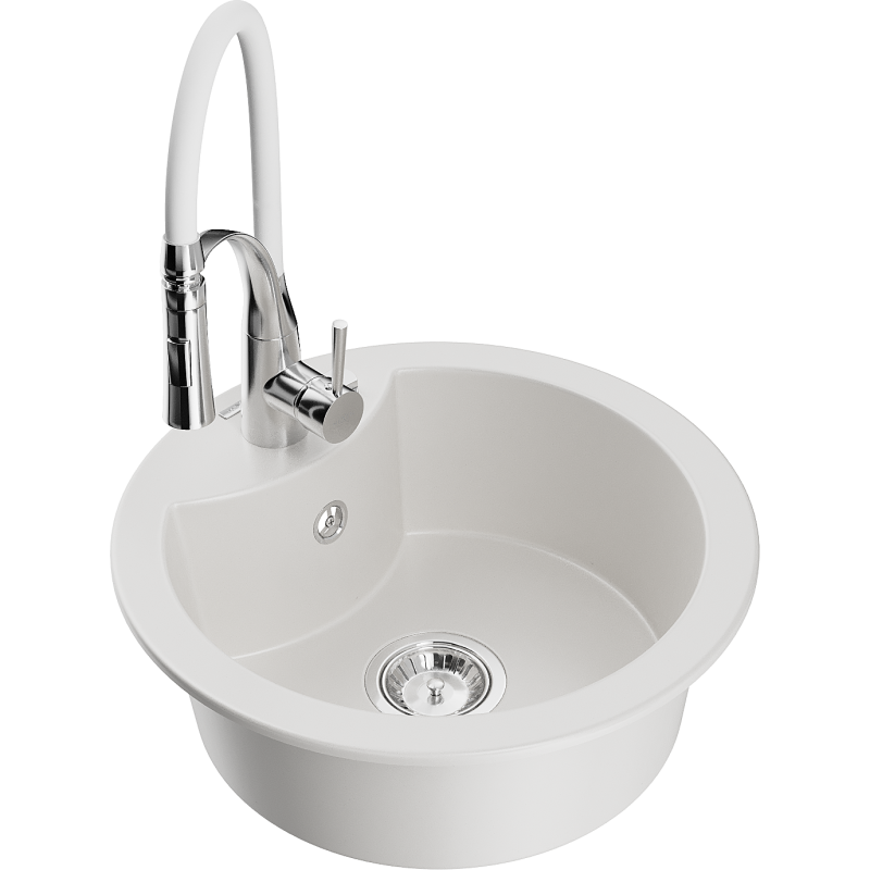 Mexen Diego granit izlietne ar 1 nodalījumu un virtuves krānu Aster, balts - 6512-20-73450-02