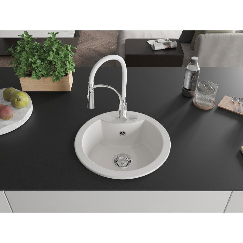 Mexen Diego fregadero de granito de 1 cubeta con grifo de cocina Aster, blanco - 6512-20-73450-02