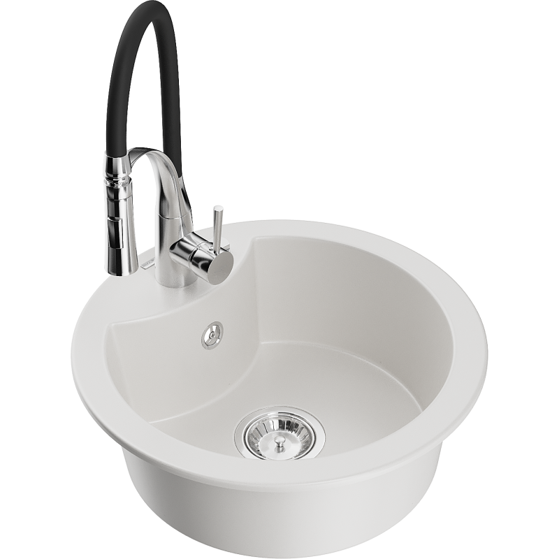 Mexen Diego 1-Bowl Granite Sink with Aster Kitchen Tap, White - 6512-20-73450-07