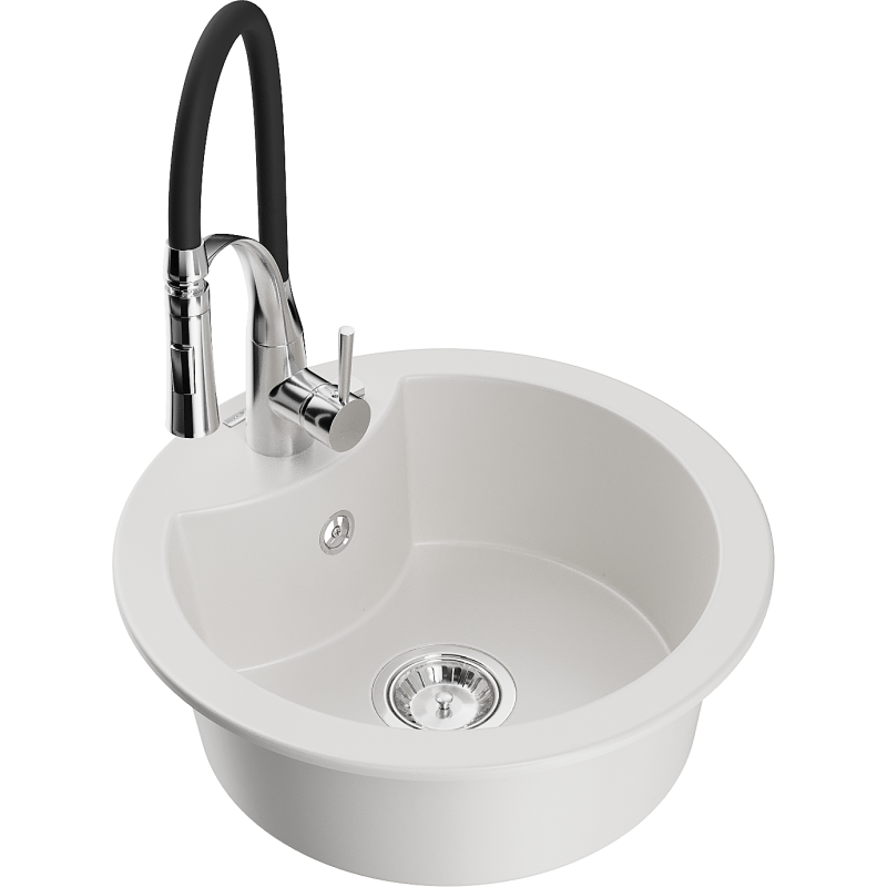 Mexen Diego lava-louça de granito de 1 bacia com torneira de cozinha Aster, branco - 6512-20-73450-07